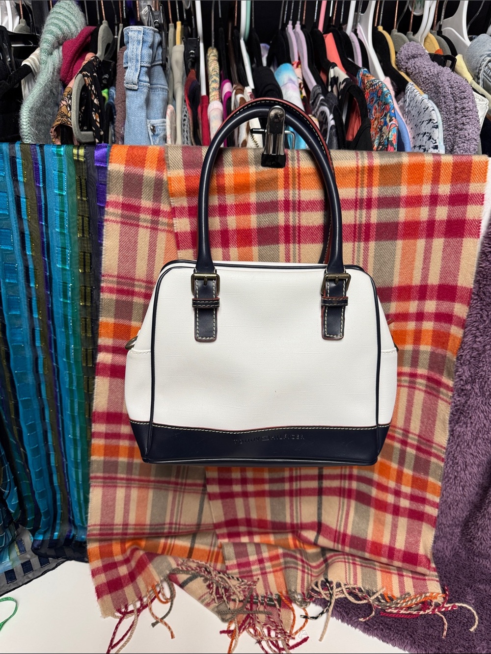 Tommy Hilfiger White & Navy Structured Satchel Handbag